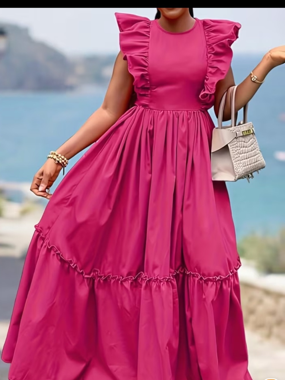 Women's Rose Red Ruffle Sleeve Maxi Dress